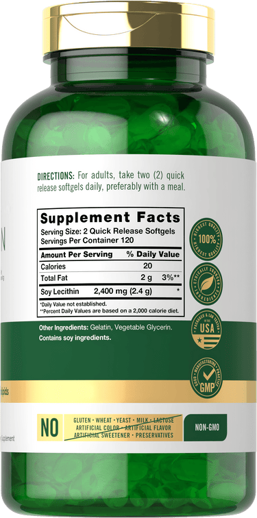 Back label / Supplement Facts for Soy Lecithin, showing 2,400 mg per serving, 120 servings per container