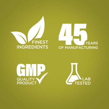 Infographic highlighting finest ingredients, 45 years of manufacturing, GMP quality product, and lab tested assurance.