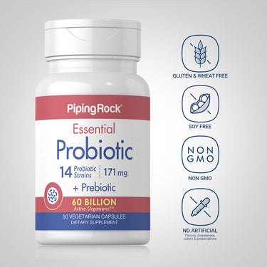 Essential Probiotic 14 Strains 60 Billion Organisms + Prebiotic, 50 Vegetarian Capsules