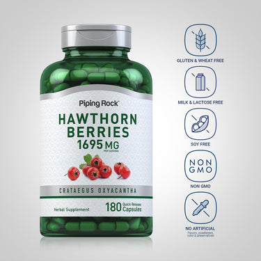 Hawthorn Berries bottle with icons indicating Gluten/Wheat, Milk/Lactose, Soy Free, Non-GMO, No Artificial Flavors/Colors.