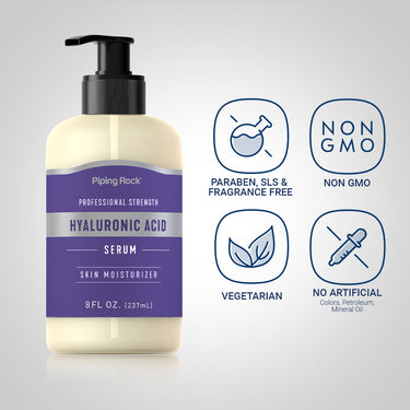 Hyaluronic Acid Serum bottle with icons indicating parabens, SLS, and fragrance-free, non-GMO, vegetarian, no artificial colors/petroleum/mineral oil.