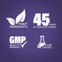 Infographic showing: finest ingredients, 45 years of manufacturing, GMP quality product, lab tested.