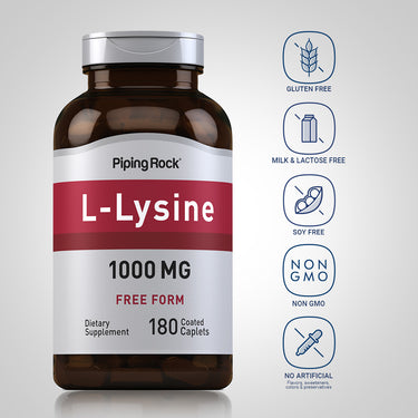 L-Lysine bottle with icons indicating Gluten Free, Milk & Lactose Free, Soy Free, Non GMO, No Artificial Flavors/Sweeteners/Colors.