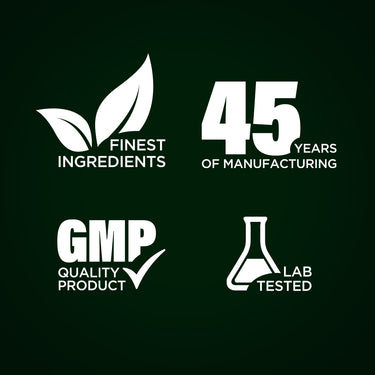 Infographic stating 45 years of manufacturing, finest ingredients, GMP quality product, and lab tested for assurance.