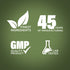 Infographic highlighting finest ingredients, 45 years of manufacturing, GMP quality, and lab-tested assurance.