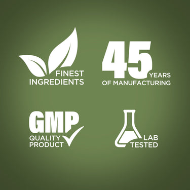 Infographic highlighting finest ingredients, 45 years of manufacturing, GMP quality, and lab-tested assurance.
