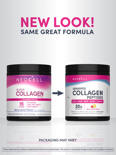 Neocell Super Collagen Peptides Berry Lemon 6.7 oz jars, old and new packaging with 'New Look! Same Great Formula'.