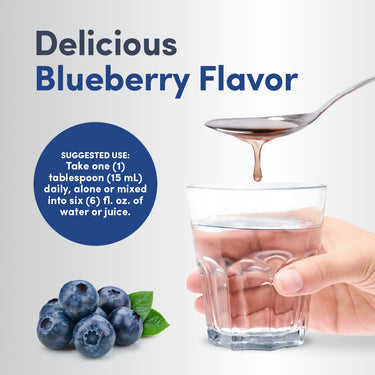 NCL Hyaluronic Acid Liquid Berry, Delicious Blueberry Flavor. A spoonful of liquid drips into a glass, with fresh blueberries.