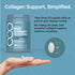 NEOCELL Multi Collagen Bio-Peptides 360 Caplets bottle. Caplets shown in hand, 1.0 inch size, with daily routine usage info.