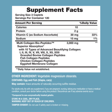 Supplement Facts panel displaying details of NCL Multi Collagen 3000mg, 360 caplets.