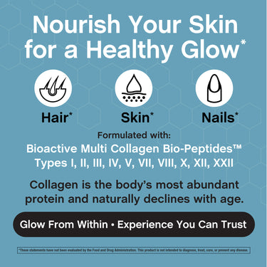 Product highlights graphic stating Nourish Your Skin for a Healthy Glow: Hair, Skin, Nails. Formulated with Bioactive Multi Collagen Bio-Peptides.