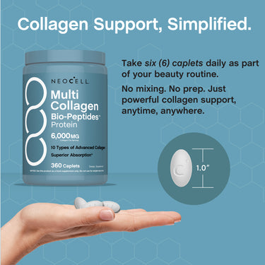 NEOCELL Multi Collagen Bio-Peptides with 6,000 MG collagen per serving, available in 360 caplets.