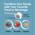 Product highlights graphic stating: Combine one scoop (20g Collagen, 2.5 Tbsp) with food or drink like coffee, smoothie, or oatmeal.