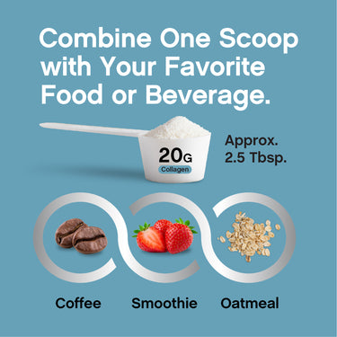 Product highlights graphic stating: Combine one scoop (20g Collagen, 2.5 Tbsp) with food or drink like coffee, smoothie, or oatmeal.