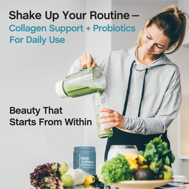 Young woman pours a green smoothie from a blender into a glass, with a jar of Multi Collagen + Probiotics powder nearby.