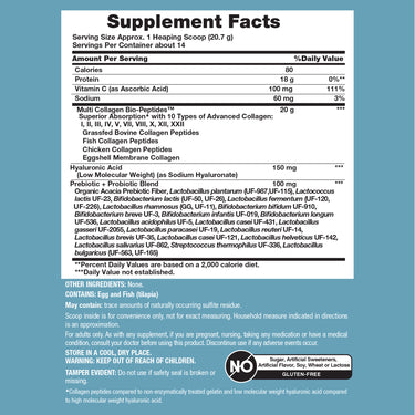 Image of the Supplement Facts panel for Multi Coll+Probiotic Powder, detailing ingredients and nutritional information.