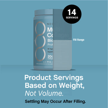Infographic shows 14 servings, fill range, and explains product servings based on weight, not volume. Settling may occur.