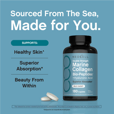 NEOCELL Double Strength Marine Collagen bottle with Bio-Peptides and Hyaluronic Acid, showing two caplets.