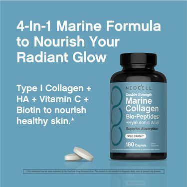 Neocell Marine Collagen Bio-Peptides + Hyaluronic Acid bottle (180 Caplets) & two pills. Text: 4-In-1 formula for healthy skin, radiant glow.