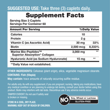 Supplement Facts panel for NCL Marine Collagen 3000mg, 180 tablets, teal background.
