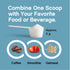 Graphic text: 'Combine One Scoop with Your Favorite Food or Beverage.' White powder scoop (approx. 5g). Mix with coffee, smoothie, oatmeal.