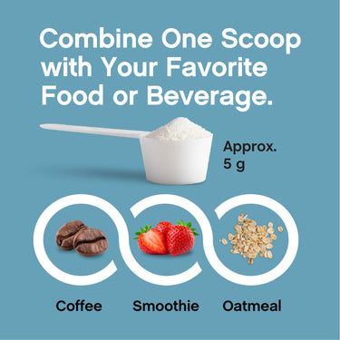 Graphic text: 'Combine One Scoop with Your Favorite Food or Beverage.' White powder scoop (approx. 5g). Mix with coffee, smoothie, oatmeal.