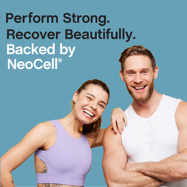 Young man and woman smiling; text reads 'Perform Strong. Recover Beautifully. Backed by NeoCell®'.