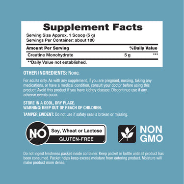 Supplement Facts panel for NCL neoCreatine Mono 500g 17.6oz Powder in teal packaging.