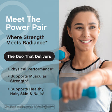 Product highlights graphic stating Physical Performance*, Muscular Strength*, Healthy Hair, Skin & Nails*.