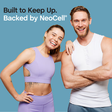 Smiling young adults in athletic wear with text: 'Built to Keep Up. Backed by NeoCell®'.