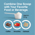 Product highlights graphic stating: Combine one scoop with your favorite food or beverage. Approx. 9.5 g. Shown with coffee, smoothie, oatmeal.