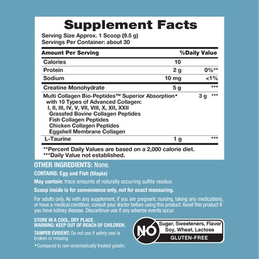 Supplement Facts panel for NCL Creatine + Collagen 10oz Powder in teal packaging.