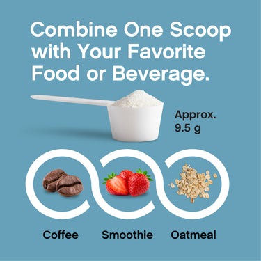 Scoop of NCL Creatine + Collagen powder (9.5g) for mixing with coffee, smoothies, or oatmeal.