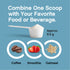Product highlights graphic stating Combine One Scoop with Your Favorite Food or Beverage (Approx. 9.5 g). Shown with Coffee, Smoothie, Oatmeal.