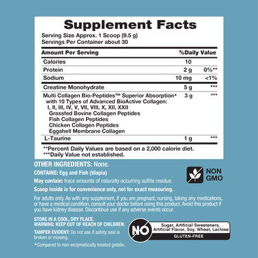 Image of the supplement facts panel for NCL Creatine + Collagen 10oz powder.