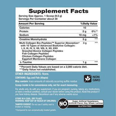 Supplement Facts panel for NCL Creatine + Collagen 10oz Powder Teal.