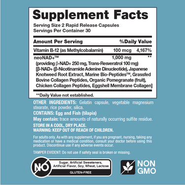 Supplement Facts panel for NCL NAD Collagen Resveratrol 60 Caps.