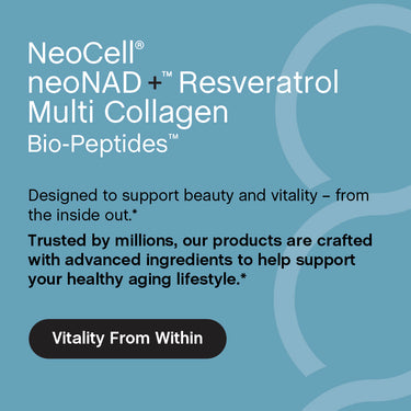 NeoCell neoNAD + Resveratrol Multi Collagen Bio-Peptides supports beauty, vitality, and a healthy aging lifestyle.