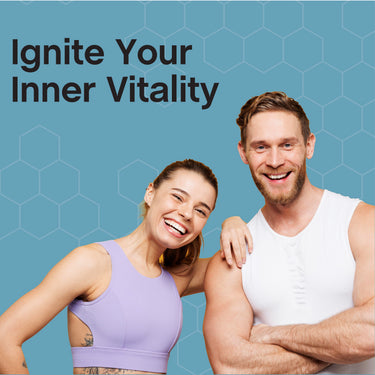 Two adults in athletic wear, smiling, a man and a woman, with the text 'Ignite Your Inner Vitality'.