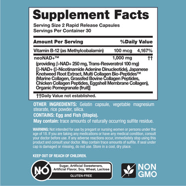 Supplement Facts panel detailing ingredients for NCL NAD Collagen Resveratrol 60 Capsules.