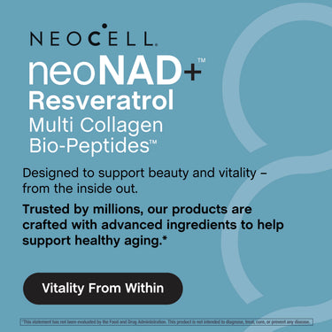Product highlights graphic stating NEOCELL neoNAD+ Resveratrol Multi Collagen Bio-Peptides support beauty, vitality, healthy aging.