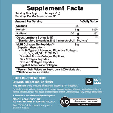 Nutrition label for NCL Colostrum & Collagen Powder 300 g in teal packaging.