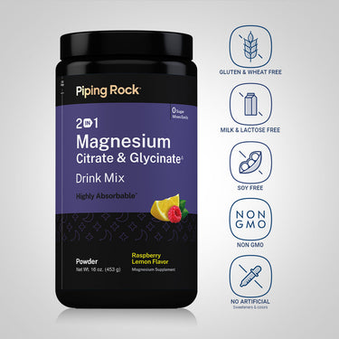 Magnesium Drink Mix bottle with icons indicating gluten-free, wheat-free, milk-free, lactose-free, soy-free, non-GMO, no artificial sweeteners or colors.