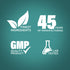 Infographic highlighting finest ingredients, 45 years of manufacturing, GMP quality product, and lab testing assurance.