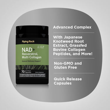 Product highlights graphic stating Advanced Complex, Japanese Knotweed, Bovine Collagen Peptides, Non-GMO, Gluten Free, Quick Release Capsules.