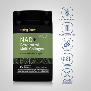 NAD Collagen Resveratrol bottle with icons indicating gluten, wheat, milk, lactose, soy free, non-GMO, and no artificial additives.
