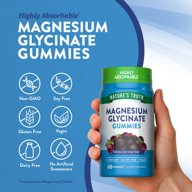 Magnesium Glycinate bottle labeled as Non-GMO, Soy Free, Gluten Free, Vegan, Dairy Free, with No Artificial Sweeteners.