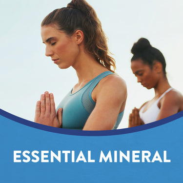 Two women meditating with graphic text stating 'ESSENTIAL MINERAL' on a product image.