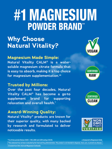 Product highlights graphic stating: #1 Magnesium, water-soluble citrate for relaxation, trusted by millions. Vegan, RAW, CLEAN, Non GMO Verified.