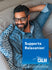 A smiling middle-aged man relaxes on a couch with a Natural Vitality Calm product overlay nearby.